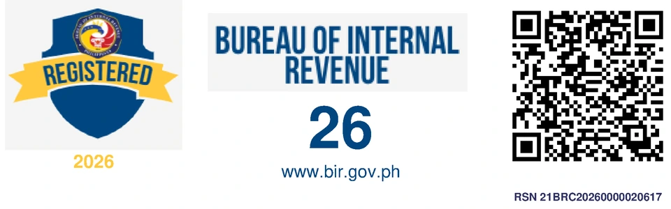 BIR Registration Seal Badge: Registered 2026, with QR code to verify on verify.bir.gov.ph