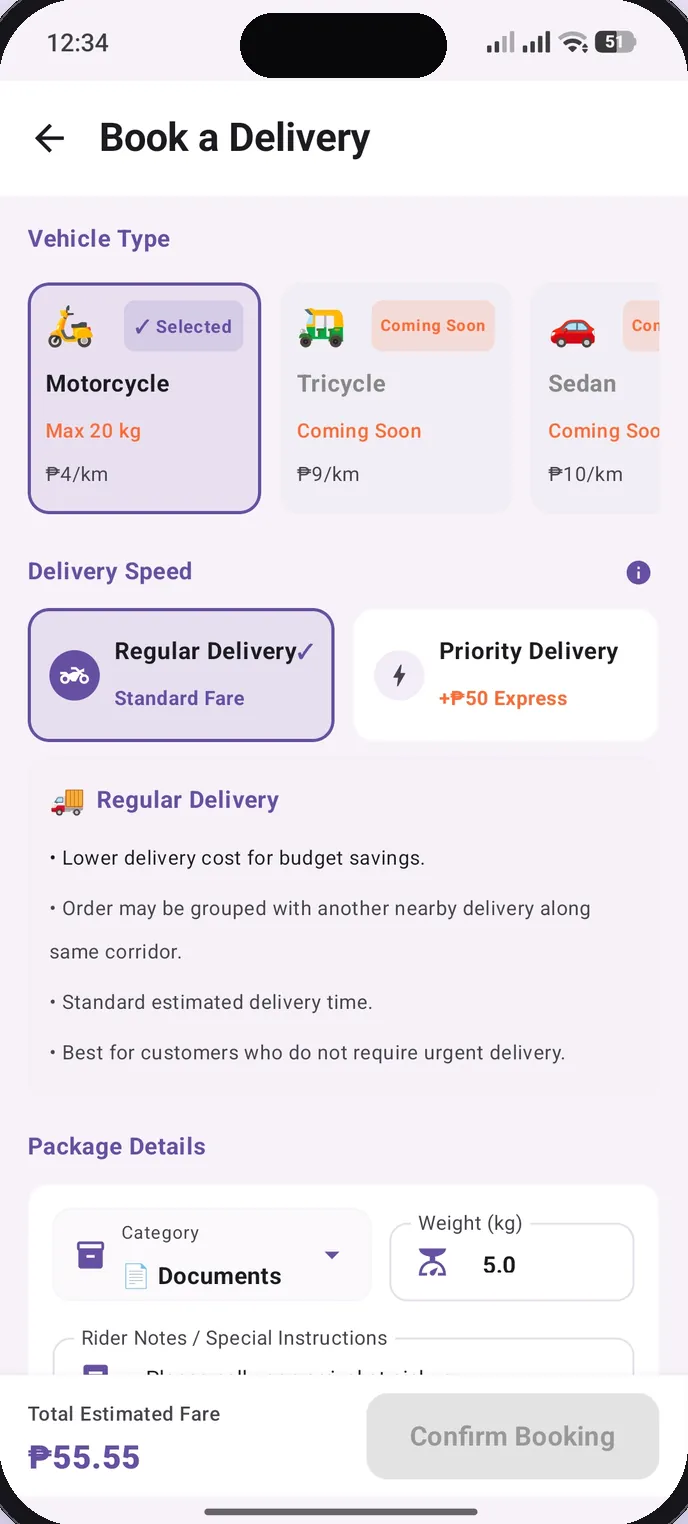 Move On app: Book a Delivery screen with vehicle type, delivery speed and total estimated fare