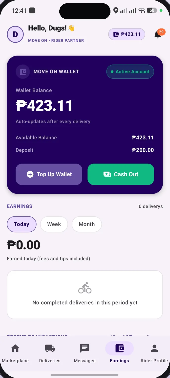 Move On rider app: earnings and wallet screen with cash out