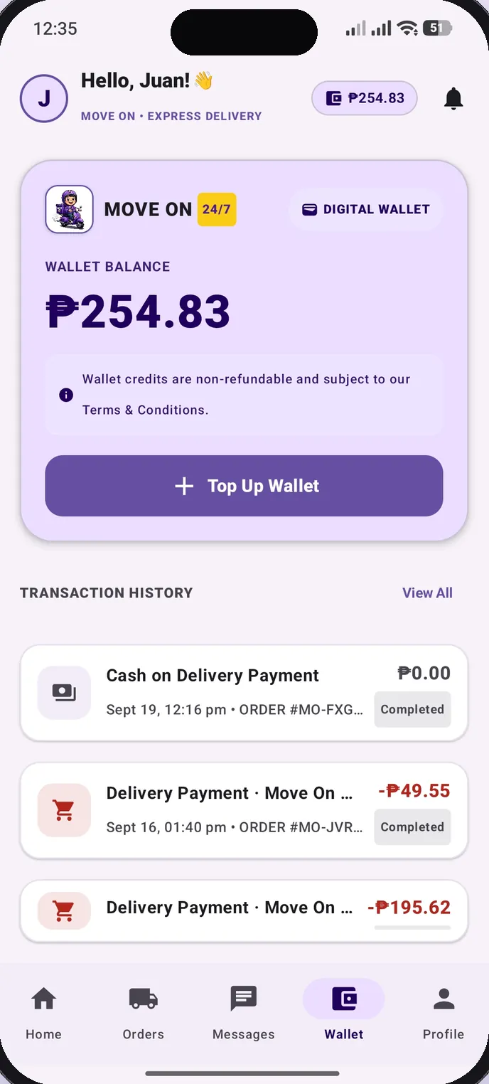 Move On app: Move On Credit wallet with balance and transaction history