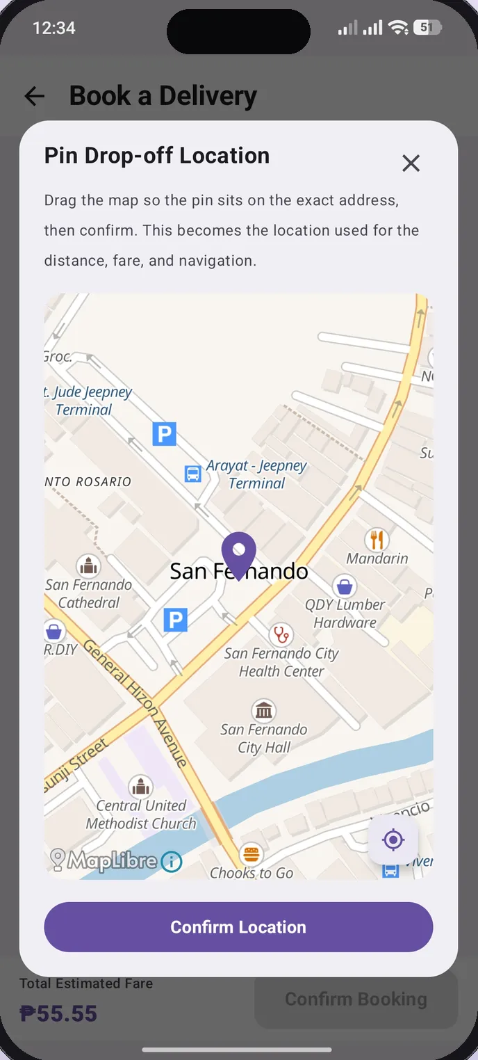 Move On app: Pin drop-off location screen on a map of San Fernando