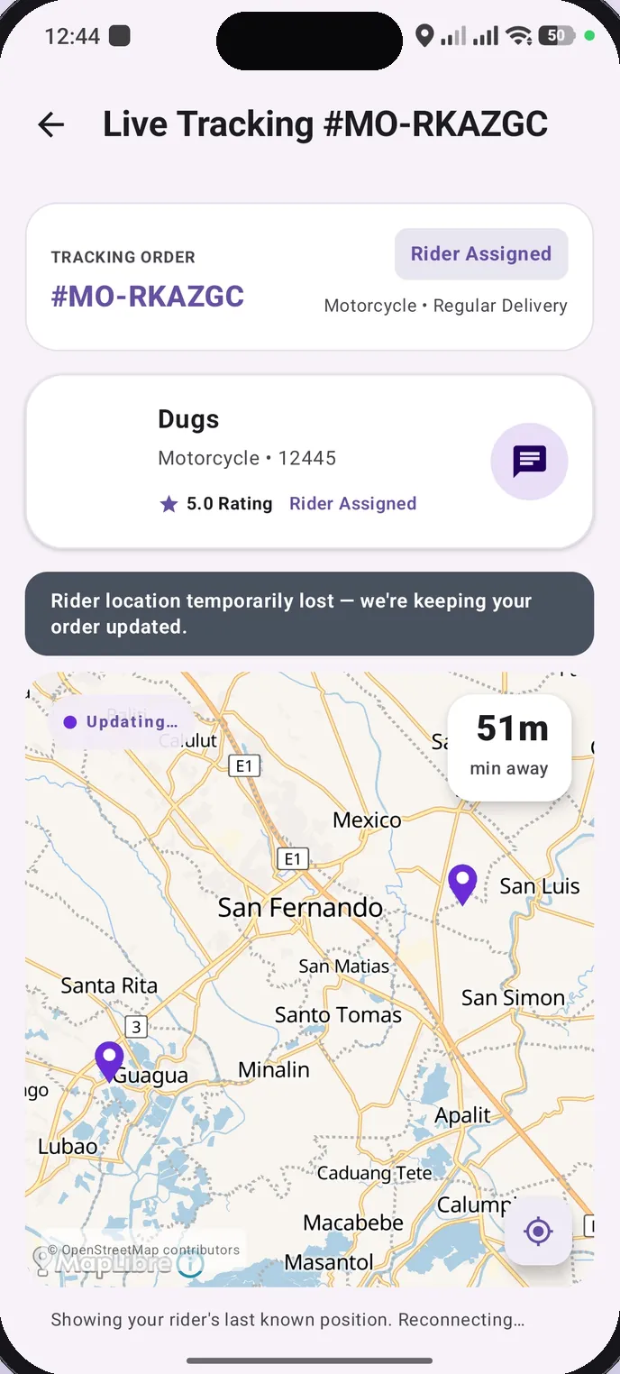 Move On app: live tracking of a rider across Pampanga with ETA
